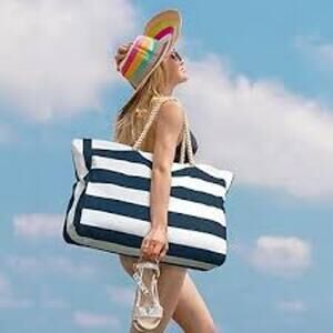Bang & Carsen Large Navy & White Striped Beach Nautical Tote Bag NEW